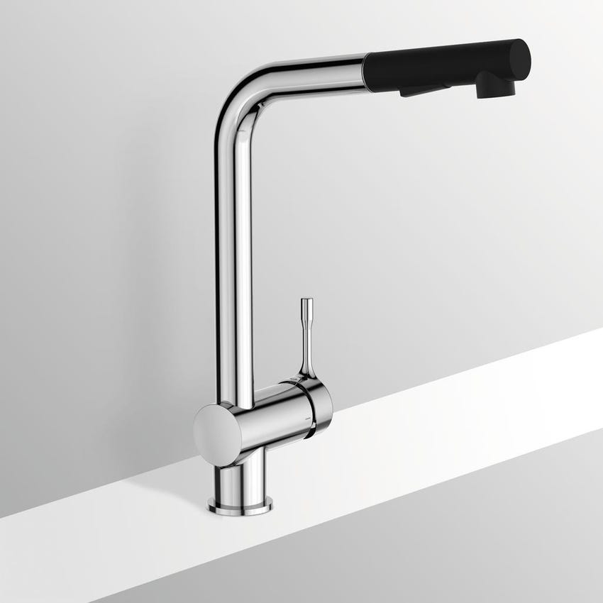 Immagine di Ideal Standard CERALOOK miscelatore monocomando da appoggio su lavello, con bocca di erogazione orientabile ed estraibile, con doccetta a 2 funzioni, finitura cromo BC178AA