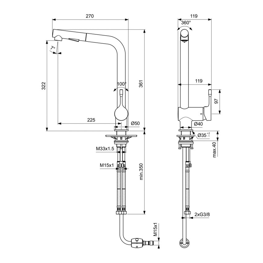 Immagine di Ideal Standard CERALOOK miscelatore monocomando da appoggio su lavello, con bocca di erogazione orientabile ed estraibile, con doccetta a 2 funzioni, finitura cromo BC178AA