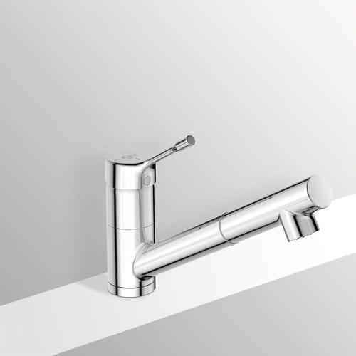 Immagine di Ideal Standard CERALOOK miscelatore monocomando da appoggio su lavello, con bocca di erogazione orientabile ed estraibile, con doccetta a 1 funzione, finitura cromo BC294AA