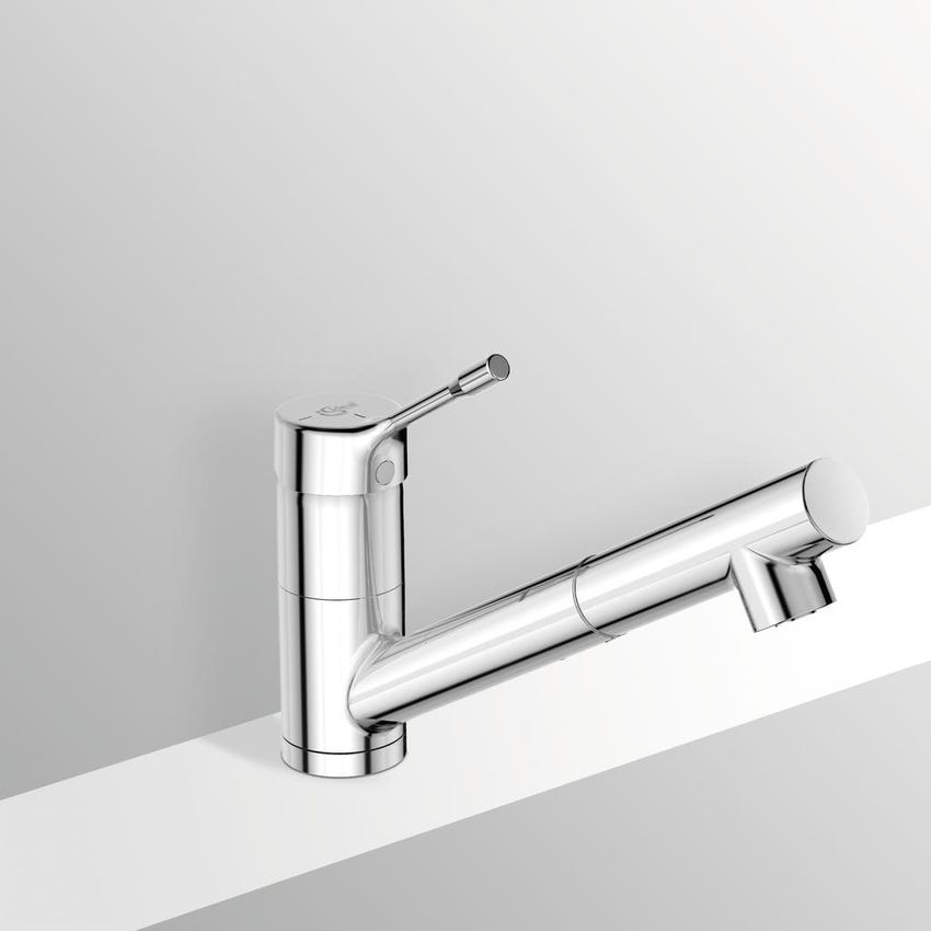 Immagine di Ideal Standard CERALOOK miscelatore monocomando da appoggio su lavello, con bocca di erogazione orientabile ed estraibile, con doccetta a 1 funzione, finitura cromo BC294AA