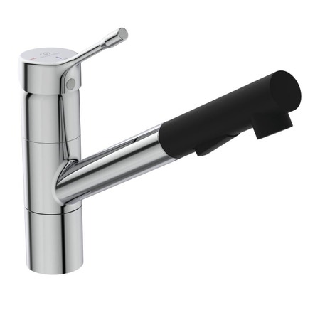 Immagine di Ideal Standard CERALOOK miscelatore monocomando da appoggio su lavello, con bocca di erogazione orientabile ed estraibile, con doccetta a 2 funzioni, finitura cromo BC297AA