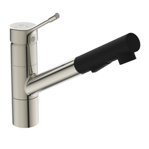 Immagine di Ideal Standard CERALOOK miscelatore monocomando da appoggio su lavello, con bocca di erogazione orientabile ed estraibile, con doccetta a 2 funzioni, finitura silver storm BC297GN