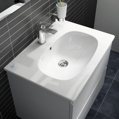 Immagine di Ideal Standard CERAMIX miscelatore monocomando H.16 cm per lavabo, bocca di erogazione fissa, con sistema di apertura a freddo Bluestart, asta di comando e scarico piletta, finitura cromo A6543AA
