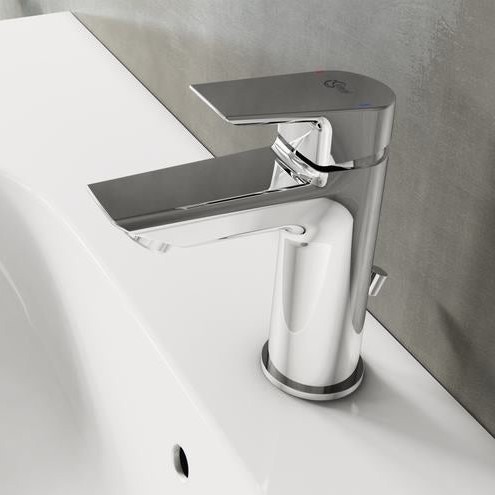 Immagine di Ideal Standard CERAMIX miscelatore monocomando H.16 cm per lavabo, bocca di erogazione fissa, con sistema di apertura a freddo Bluestart, asta di comando e scarico piletta, finitura cromo A6543AA