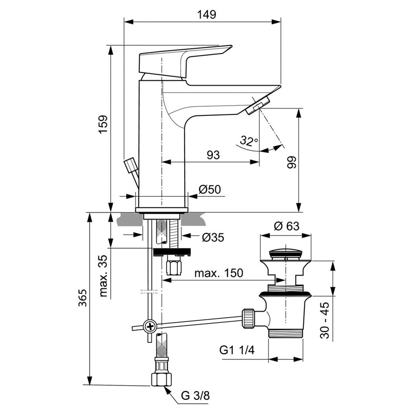 Immagine di Ideal Standard CERAMIX miscelatore monocomando H.16 cm per lavabo, bocca di erogazione fissa, con asta di comando e scarico piletta, finitura cromo A7583AA