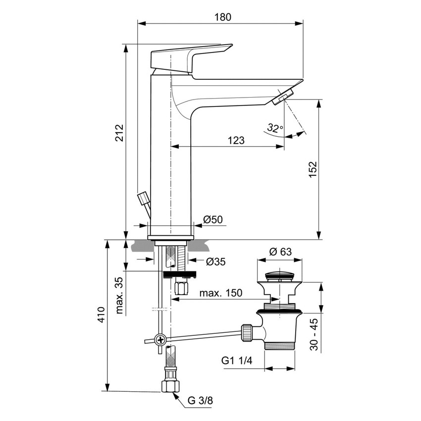 Immagine di Ideal Standard CERAMIX miscelatore grande monocomando lavabo, con asta di comando e scarico piletta, finitura cromo A6544AA