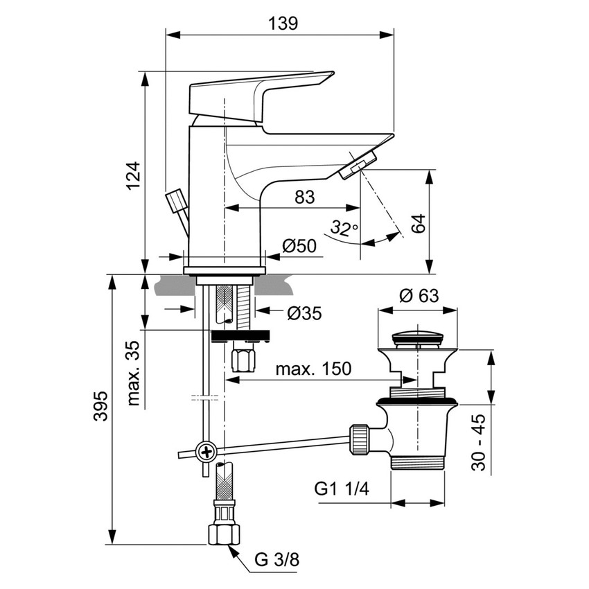Immagine di Ideal Standard CERAMIX miscelatore monocomando H.16 cm per lavabo, con asta di comando e scarico piletta, con sistema EasyFix, finitura cromo A6550AA