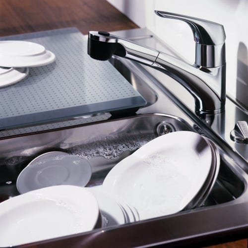 Immagine di Ideal Standard CERASPRINT miscelatore monocomando da appoggio su lavello, bocca di erogazione orientabile ed estraibile a 2 funzioni, finitura cromo B5347AA