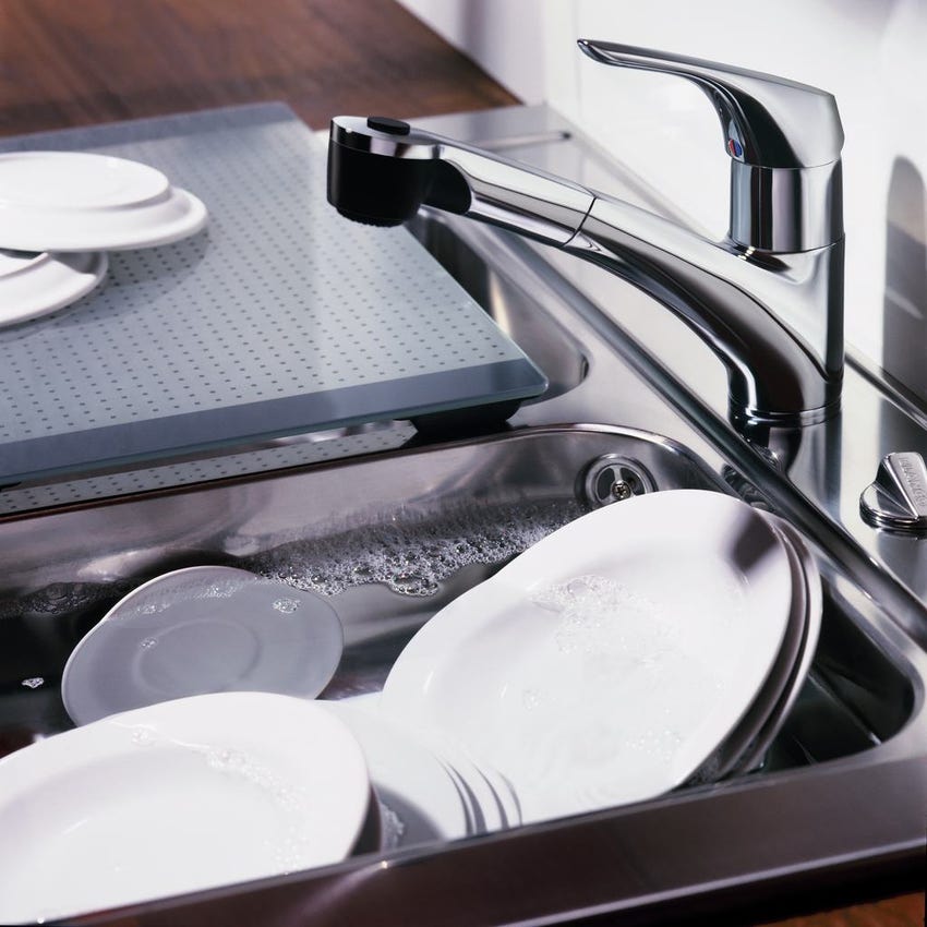 Immagine di Ideal Standard CERASPRINT miscelatore monocomando da appoggio su lavello, bocca di erogazione orientabile ed estraibile a 2 funzioni, finitura cromo B5347AA