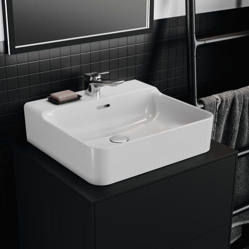 Immagine di Ideal Standard CONCA lavabo smaltato rettangolare sospeso o da appoggio L.50 cm, monoforo, con troppopieno, colore bianco seta finitura opaco T3690V1