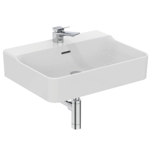 Immagine di Ideal Standard CONCA lavabo smaltato rettangolare sospeso o da appoggio L.60 cm, monoforo, con troppopieno, colore bianco seta finitura opaco T3691V1