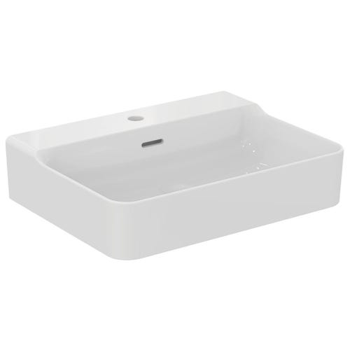 Immagine di Ideal Standard CONCA lavabo smaltato rettangolare sospeso o da appoggio L.60 cm, monoforo, con troppopieno, colore bianco seta finitura opaco T3691V1