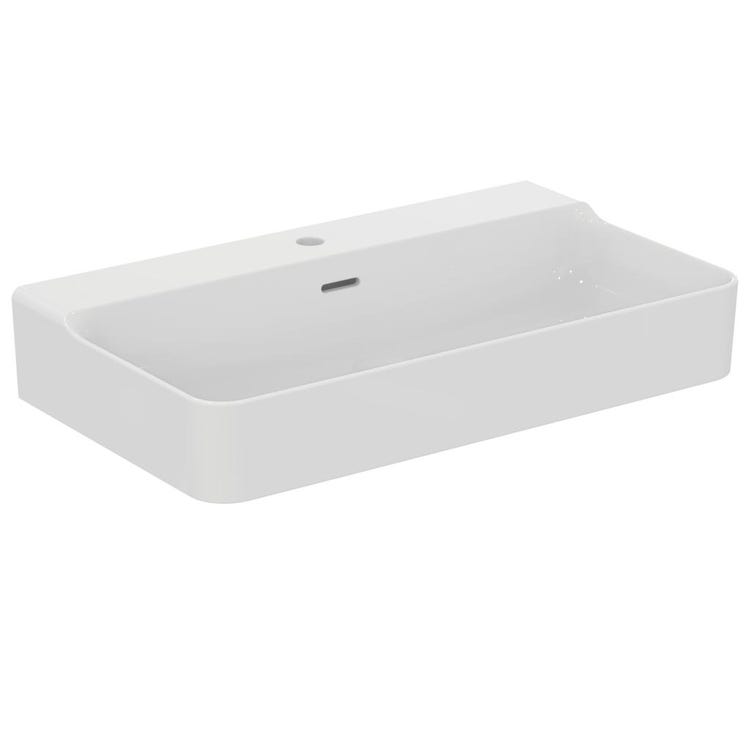 Immagine di Ideal Standard CONCA lavabo rettangolare sospeso o da appoggio L.80 cm, monoforo, con troppopieno, colore bianco seta finitura opaco T3692V1