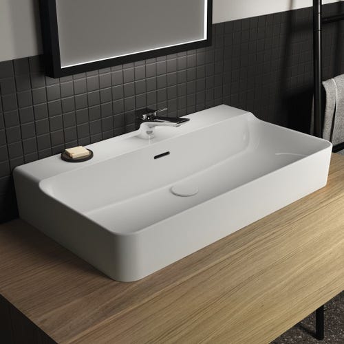 Immagine di Ideal Standard CONCA lavabo smaltato rettangolare sospeso o da appoggio L.80 cm, monoforo, con troppopieno, colore bianco seta finitura opaco T3692V1