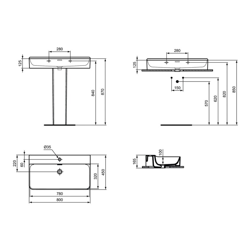 Ideal Standard T3692V1 CONCA lavabo rettangolare sospeso o da appoggio L.80  cm, monoforo, con troppopieno, colore bianco seta finitura opaco