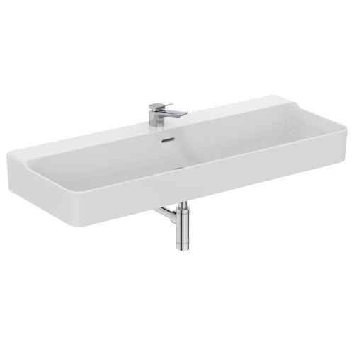 Immagine di Ideal Standard CONCA lavabo smaltato rettangolare sospeso o da appoggio L.120 cm, monoforo, con troppopieno, colore bianco seta finitura opaco T3694V1