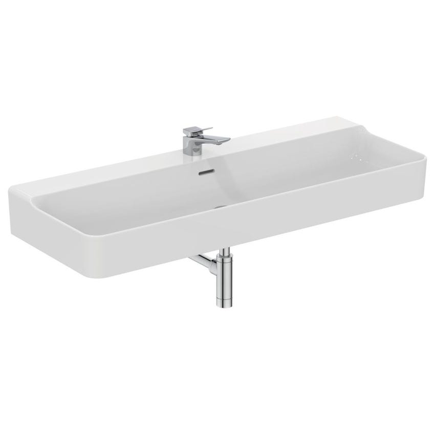 Immagine di Ideal Standard CONCA lavabo smaltato rettangolare sospeso o da appoggio L.120 cm, monoforo, con troppopieno, colore bianco seta finitura opaco T3694V1