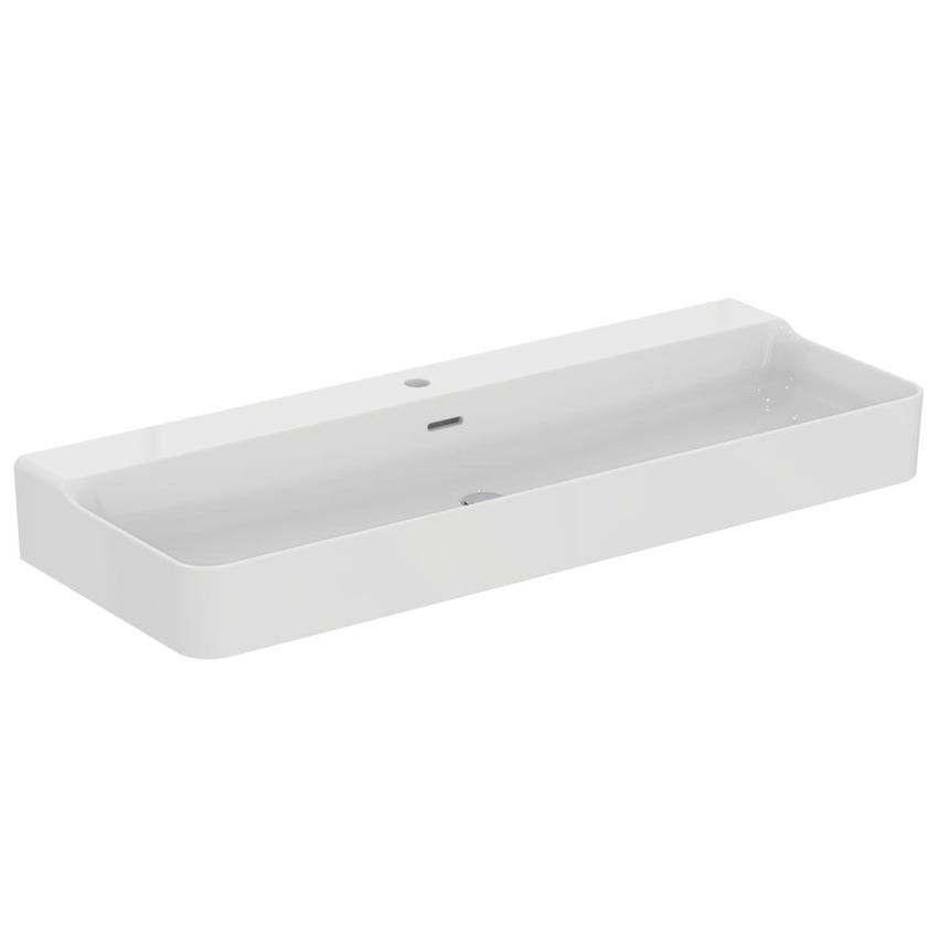 Immagine di Ideal Standard CONCA lavabo rettangolare sospeso o da appoggio L.120 cm, monoforo, con troppopieno, colore bianco seta finitura opaco T3694V1