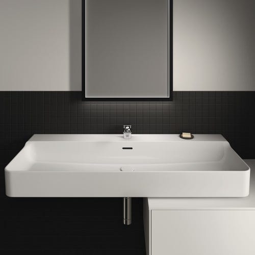 Immagine di Ideal Standard CONCA lavabo smaltato rettangolare sospeso o da appoggio L.120 cm, monoforo, con troppopieno, colore bianco seta finitura opaco T3694V1