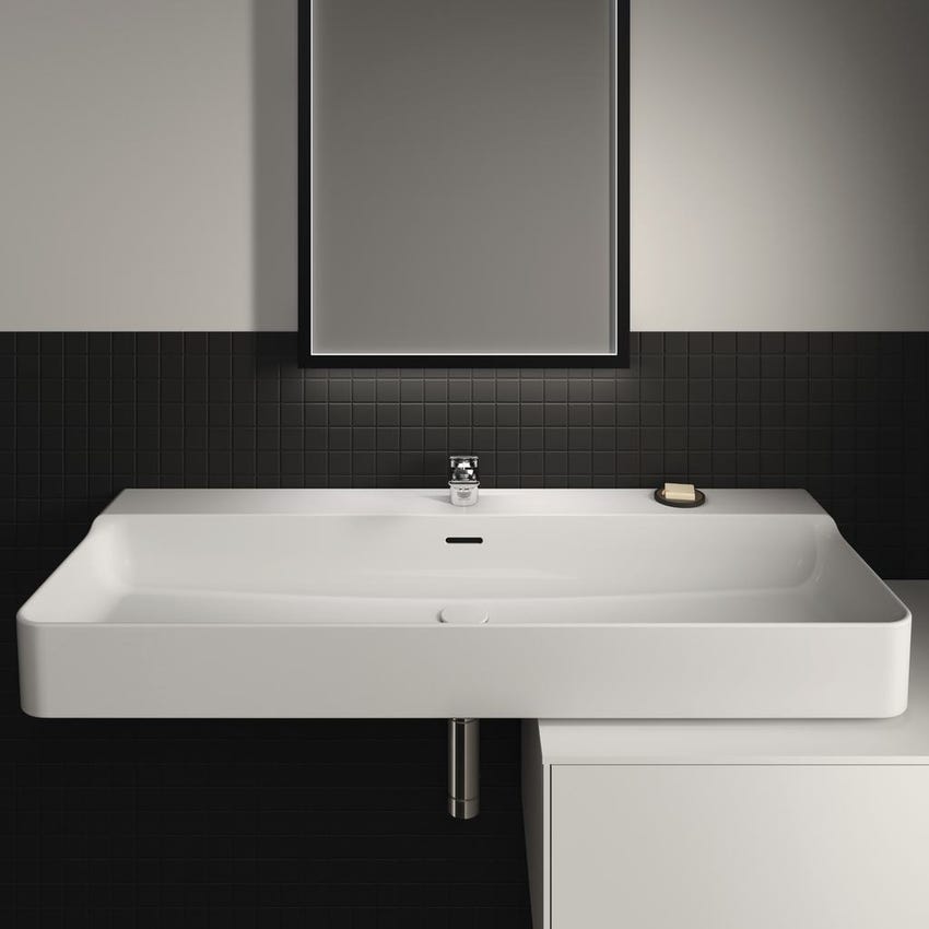 Immagine di Ideal Standard CONCA lavabo smaltato rettangolare sospeso o da appoggio L.120 cm, monoforo, con troppopieno, colore bianco seta finitura opaco T3694V1