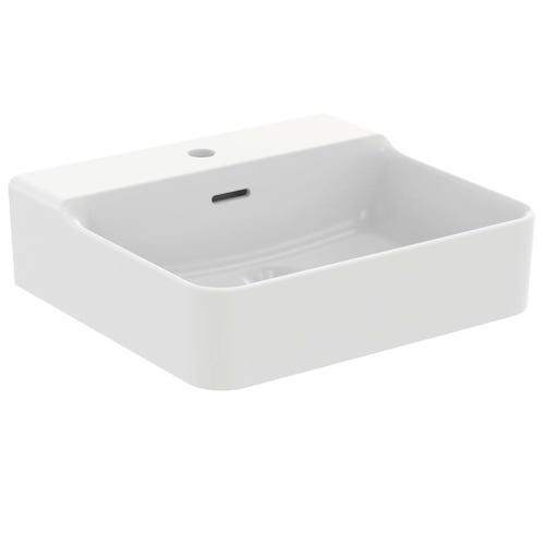 Immagine di Ideal Standard CONCA lavabo rettificato rettangolare sospeso o da appoggio L.50 cm, monoforo, con troppopieno, colore bianco seta finitura opaco T3812V1