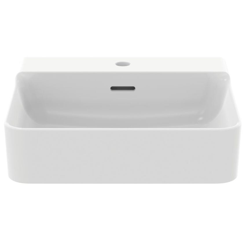 Immagine di Ideal Standard CONCA lavabo rettificato rettangolare sospeso o da appoggio L.50 cm, monoforo, con troppopieno, colore bianco seta finitura opaco T3812V1