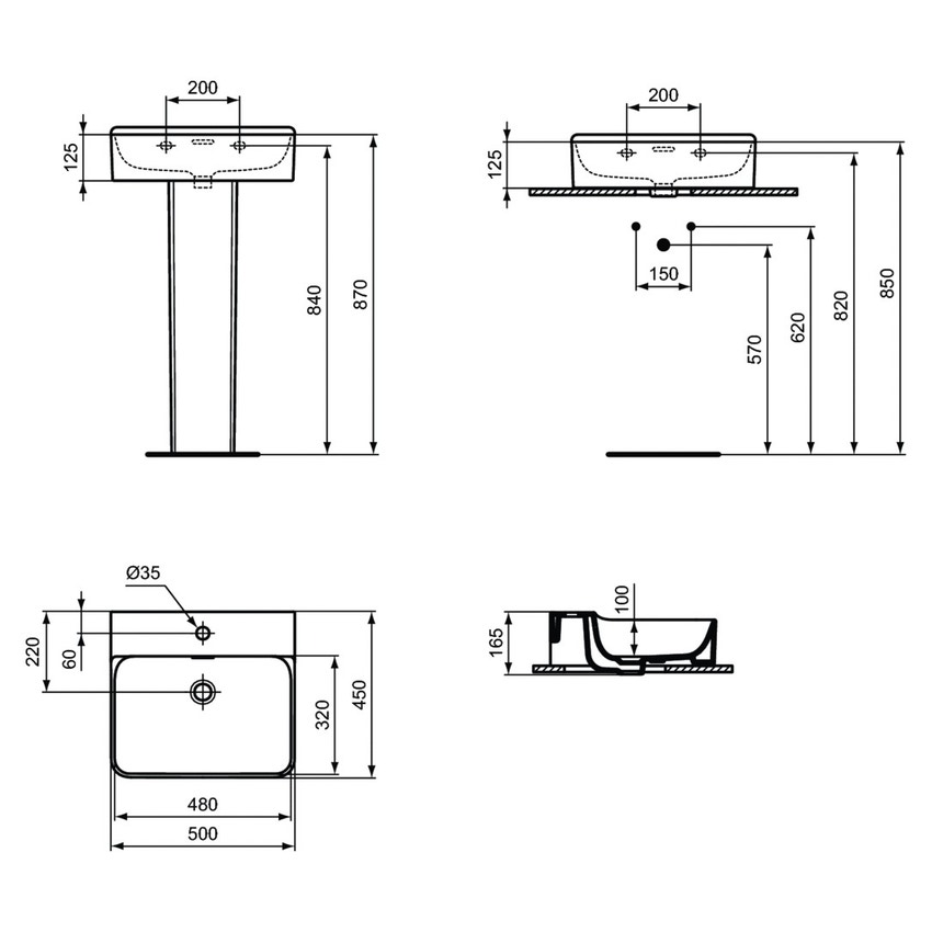 Immagine di Ideal Standard CONCA lavabo rettificato rettangolare sospeso o da appoggio L.50 cm, monoforo, con troppopieno, colore bianco seta finitura opaco T3812V1