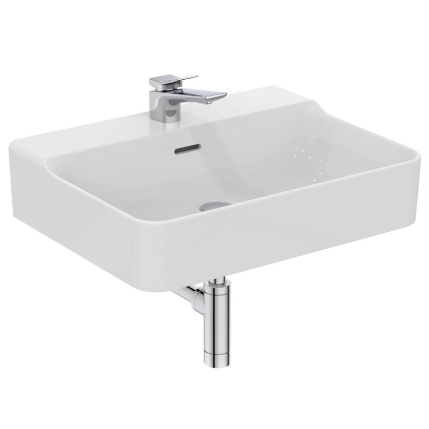 Immagine di Ideal Standard CONCA lavabo rettificato rettangolare sospeso o da appoggio L.60 cm, monoforo, con troppopieno, colore bianco seta finitura opaco T3818V1