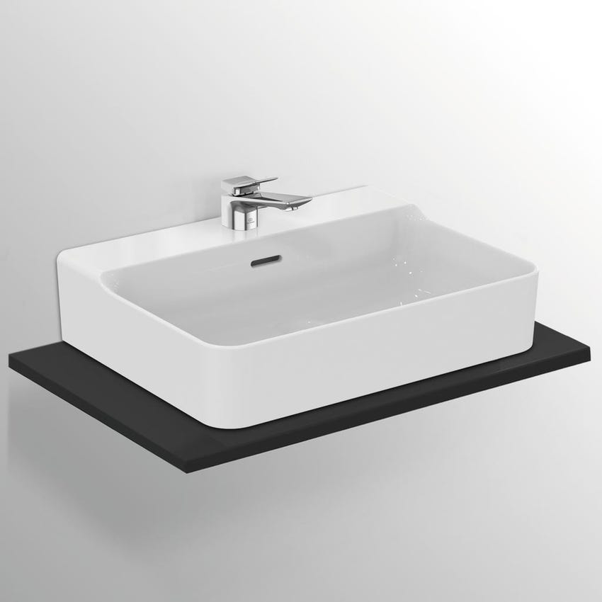 Immagine di Ideal Standard CONCA lavabo rettificato rettangolare sospeso o da appoggio L.60 cm, monoforo, con troppopieno, colore bianco seta finitura opaco T3818V1
