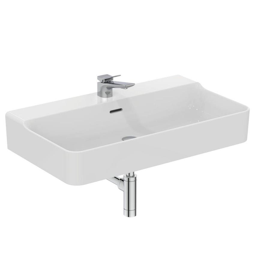 Immagine di Ideal Standard CONCA lavabo rettificato rettangolare sospeso o da appoggio L.80 cm, monoforo, con troppopieno, colore bianco seta finitura opaco T3826V1
