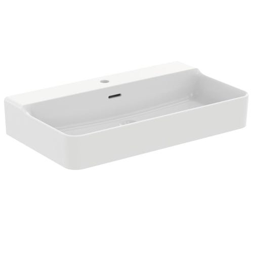 Immagine di Ideal Standard CONCA lavabo rettificato rettangolare sospeso o da appoggio L.80 cm, monoforo, con troppopieno, colore bianco seta finitura opaco T3826V1