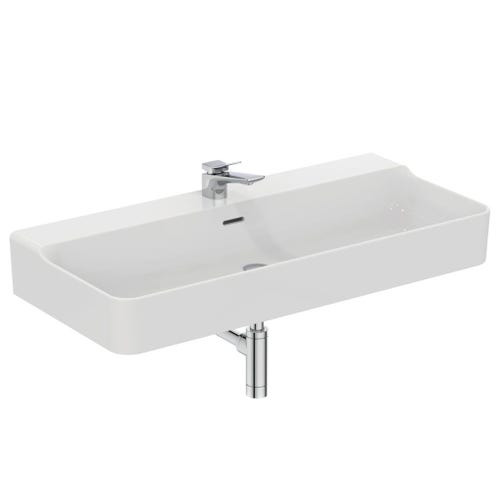 Immagine di Ideal Standard CONCA lavabo rettificato rettangolare sospeso o da appoggio L.100 cm, monoforo, con troppopieno, colore bianco seta finitura opaco T3832V1
