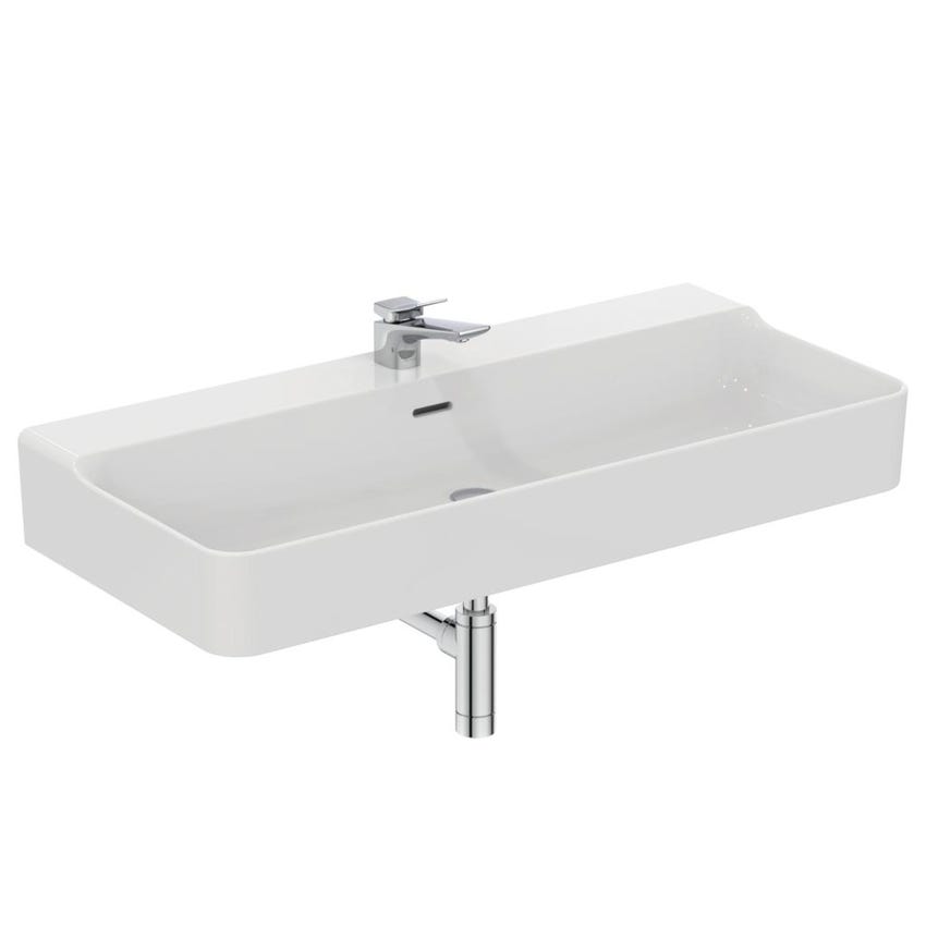 Immagine di Ideal Standard CONCA lavabo rettificato rettangolare sospeso o da appoggio L.100 cm, monoforo, con troppopieno, colore bianco seta finitura opaco T3832V1