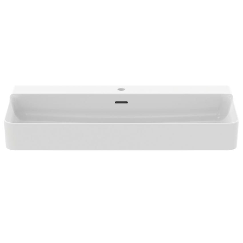 Immagine di Ideal Standard CONCA lavabo rettificato rettangolare sospeso o da appoggio L.100 cm, monoforo, con troppopieno, colore bianco seta finitura opaco T3832V1