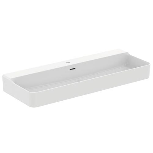 Immagine di Ideal Standard CONCA lavabo rettificato rettangolare sospeso o da appoggio L.120 cm, monoforo, con troppopieno, colore bianco seta finitura opaco T3838V1