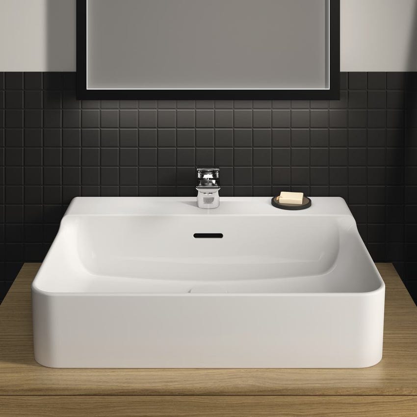 Ideal Standard CONCA composizione bagno: lavabo d'appoggio L.60 P.45 cm,  colore bianco, miscelatore monocomando con scarico, finitura cromo, mobile  sottolavabo L.120 cm, finitura legno chiaro, specchio rotondo Ø80 CONCA02