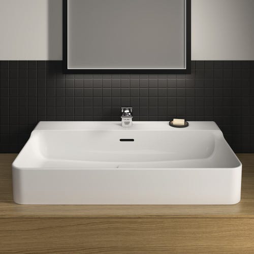 Immagine di Ideal Standard CONCA lavabo smaltato rettangolare sospeso o da appoggio L.80 cm, monoforo, con troppopieno, colore bianco finitura lucido T369201