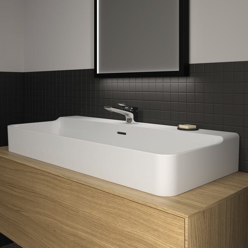 Immagine di Ideal Standard CONCA lavabo smaltato rettangolare sospeso o da appoggio L.100 cm, monoforo, con troppopieno, colore bianco finitura lucido T369301