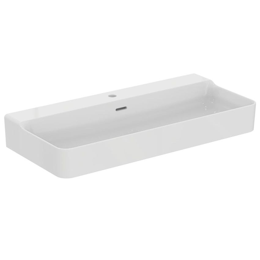 Immagine di Ideal Standard CONCA lavabo smaltato rettangolare sospeso o da appoggio L.100 cm, monoforo, con troppopieno, colore bianco seta finitura opaco T3693V1