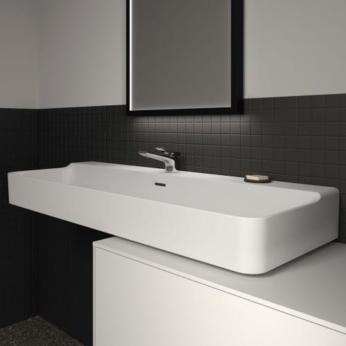 Immagine di Ideal Standard CONCA lavabo smaltato rettangolare sospeso o da appoggio L.120 cm, monoforo, con troppopieno, colore bianco finitura lucido T369401