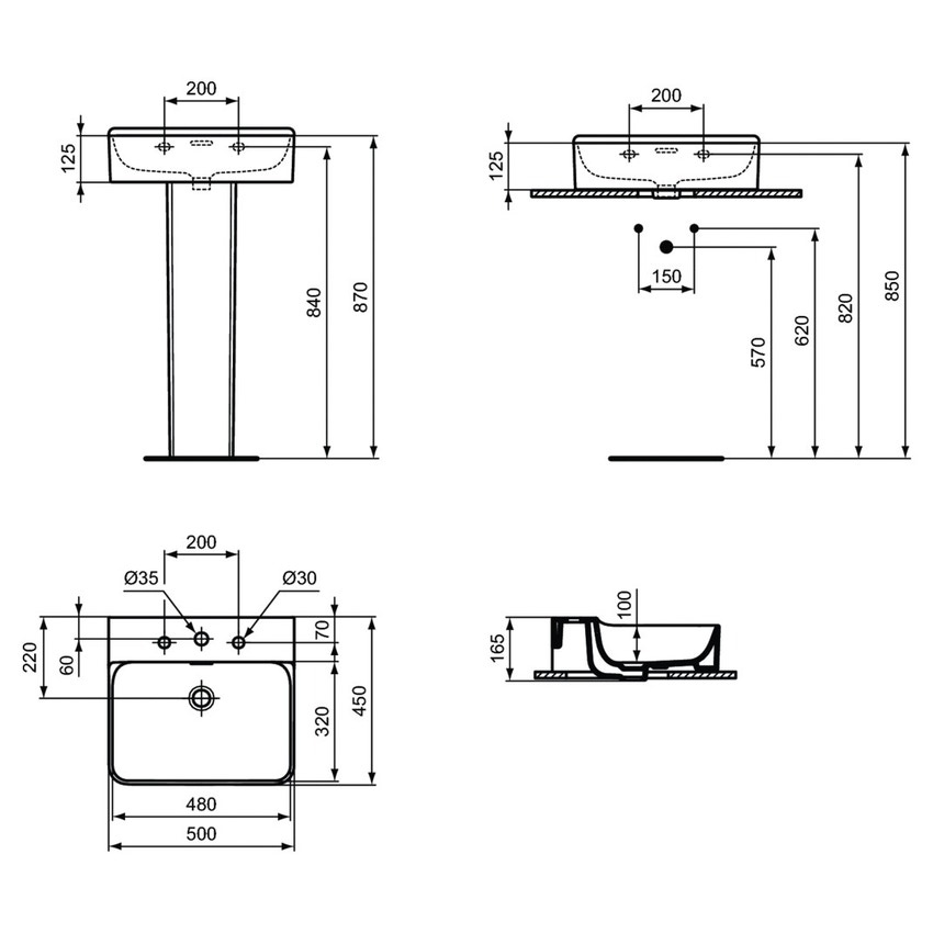 Immagine di Ideal Standard CONCA lavabo smaltato rettangolare sospeso o da appoggio L.50 cm, 3 fori, con troppopieno, colore bianco finitura lucido T378301