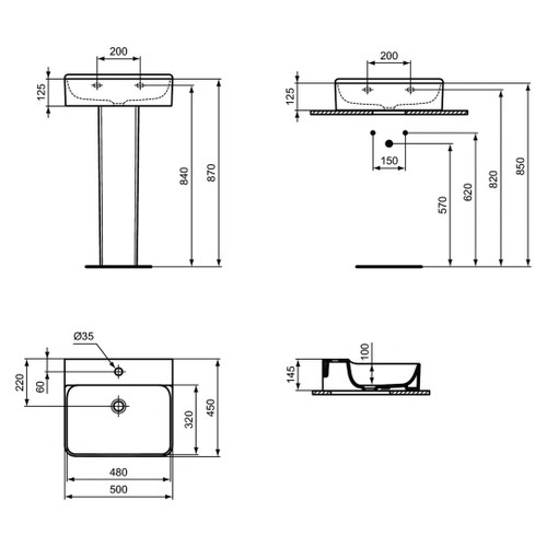 Immagine di Ideal Standard CONCA lavabo smaltato rettangolare sospeso o da appoggio L.50 cm, monoforo, senza troppopieno, colore bianco finitura lucido T378501