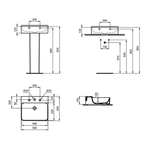 Ideal Standard T378601 CONCA lavabo rettangolare sospeso o da appoggio L.50  cm, 3 fori, senza troppopieno, colore bianco finitura lucido