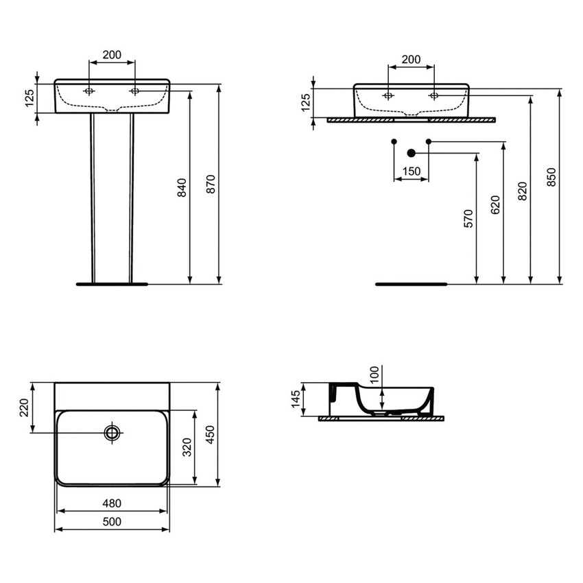 Ideal Standard T369101 CONCA lavabo rettangolare sospeso o da appoggio L.60  cm, monoforo, con troppopieno, colore bianco finitura lucido