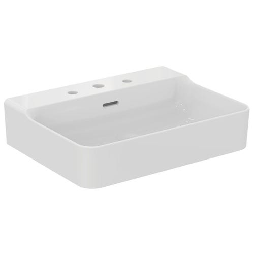 Immagine di Ideal Standard CONCA lavabo smaltato rettangolare sospeso o da appoggio L.60 cm, 3 fori, con troppopieno, colore bianco finitura lucido T378801