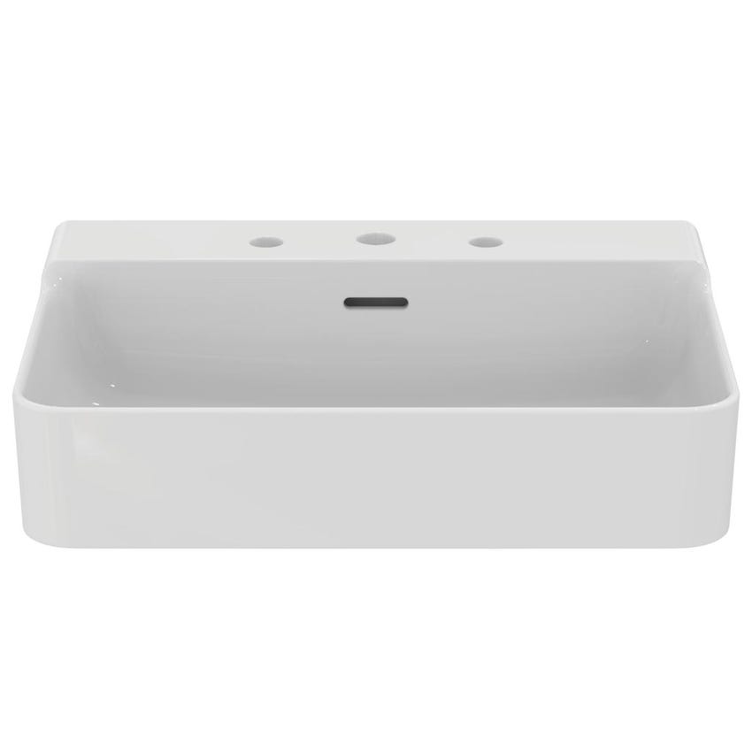 Immagine di Ideal Standard CONCA lavabo smaltato rettangolare sospeso o da appoggio L.60 cm, 3 fori, con troppopieno, colore bianco finitura lucido T378801