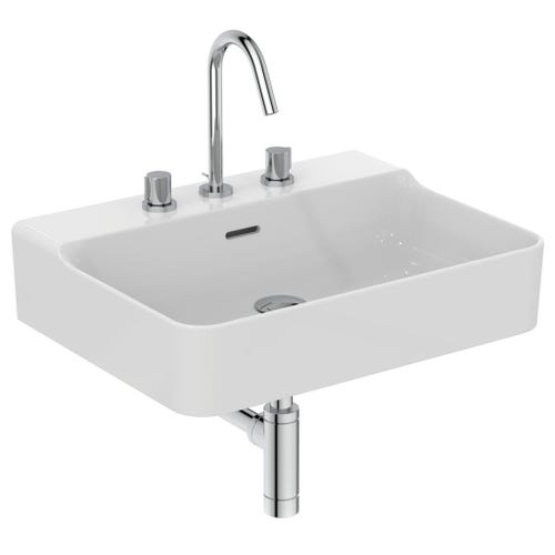 Immagine di Ideal Standard CONCA lavabo smaltato rettangolare sospeso o da appoggio L.60 cm, 3 fori, con troppopieno, colore bianco finitura lucido T378801