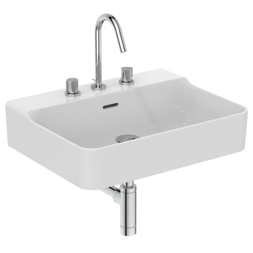 Immagine di Ideal Standard CONCA lavabo smaltato rettangolare sospeso o da appoggio L.60 cm, 3 fori, con troppopieno, colore bianco finitura lucido T378801