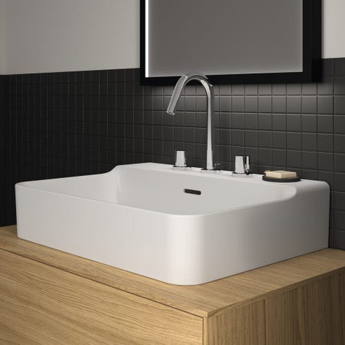 Immagine di Ideal Standard CONCA lavabo smaltato rettangolare sospeso o da appoggio L.60 cm, 3 fori, con troppopieno, colore bianco finitura lucido T378801