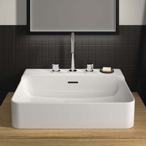 Immagine di Ideal Standard CONCA lavabo smaltato rettangolare sospeso o da appoggio L.60 cm, 3 fori, con troppopieno, colore bianco finitura lucido T378801